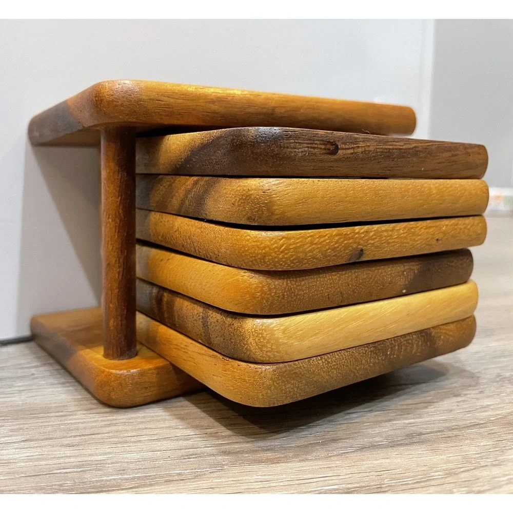 Six Wooden Coaster Set Square Holder